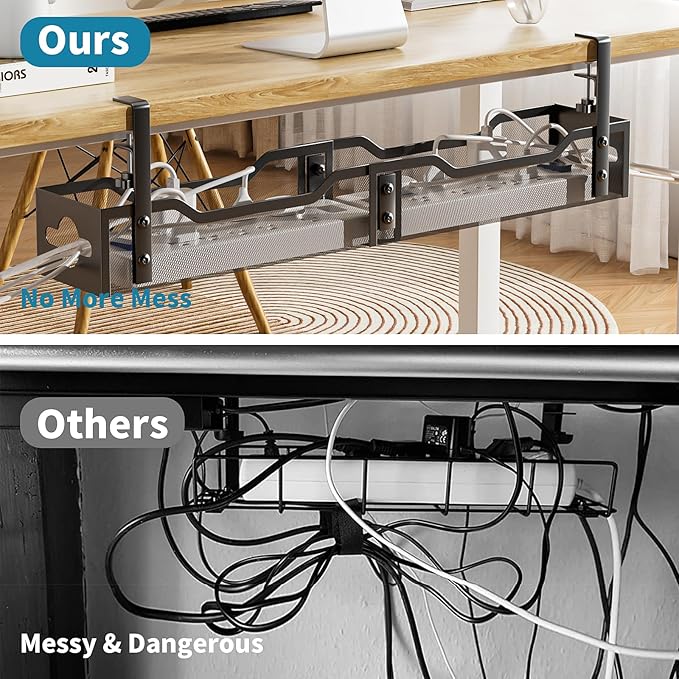 Under Desk Cable Management Tray Black, Litwaro Cable Management Under Desk No Drill, 25'' Cable Tray with Clamp for Wire Management, Cord Organizer for Office, Home - No Damage to Table | Cable Raceways - TrueDesk