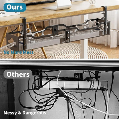 Under Desk Cable Management Tray Black, Litwaro Cable Management Under Desk No Drill, 25'' Cable Tray with Clamp for Wire Management, Cord Organizer for Office, Home - No Damage to Table | Cable Raceways - TrueDesk