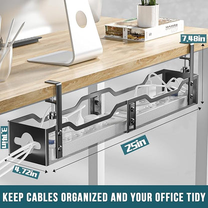 Under Desk Cable Management Tray Black, Litwaro Cable Management Under Desk No Drill, 25'' Cable Tray with Clamp for Wire Management, Cord Organizer for Office, Home - No Damage to Table | Cable Raceways - TrueDesk