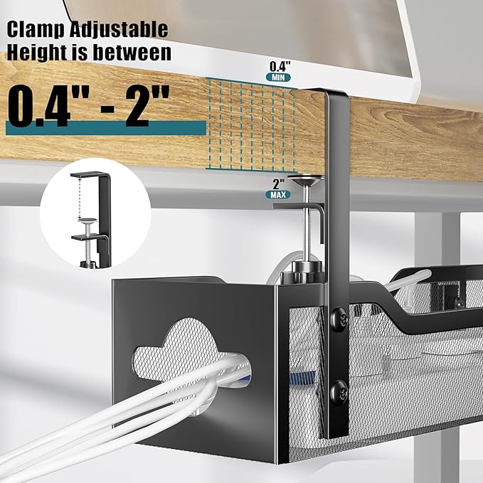 Under Desk Cable Management Tray Black, Litwaro Cable Management Under Desk No Drill, 25'' Cable Tray with Clamp for Wire Management, Cord Organizer for Office, Home - No Damage to Table | Cable Raceways - TrueDesk