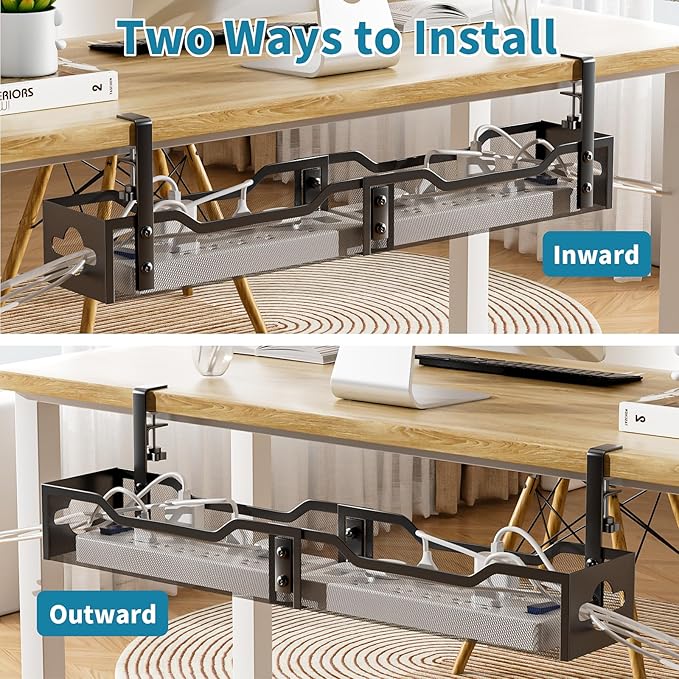 Under Desk Cable Management Tray Black, Litwaro Cable Management Under Desk No Drill, 25'' Cable Tray with Clamp for Wire Management, Cord Organizer for Office, Home - No Damage to Table | Cable Raceways - TrueDesk