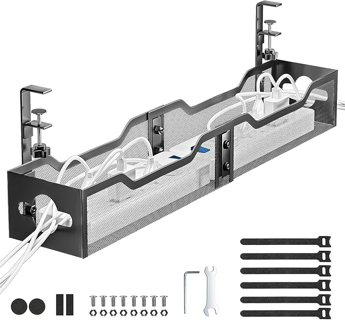 Under Desk Cable Management Tray Black, Litwaro Cable Management Under Desk No Drill, 25'' Cable Tray with Clamp for Wire Management, Cord Organizer for Office, Home - No Damage to Table | Cable Raceways - TrueDesk