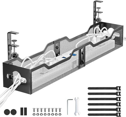 Under Desk Cable Management Tray Black, Litwaro Cable Management Under Desk No Drill, 25'' Cable Tray with Clamp for Wire Management, Cord Organizer for Office, Home - No Damage to Table | Cable Raceways - TrueDesk