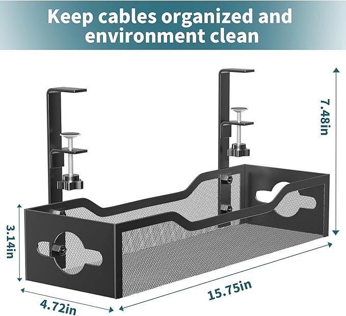 Under Desk Cable Management Tray Black, Litwaro Cable Management Under Desk No Drill, Cable Organizer with Clamp for Wire Management, Cord Organizer No Damage to Desk for Office, Home | Cable Raceways - TrueDesk