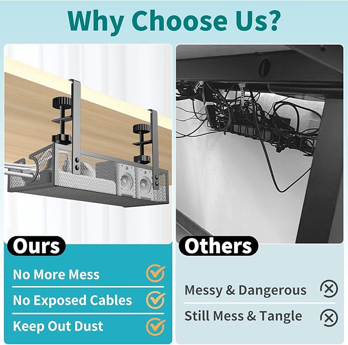 Under Desk Cable Management Tray Black, No Drill Desk Cable Wire Management Organizer with Clamp, PC Cord Organizer Accessories & Workspace for Office, Home | Cable Raceways - TrueDesk