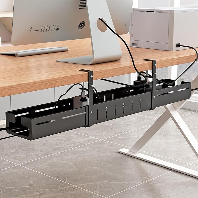 Under Desk Cable Management Tray, Expandable Length 25.2" - 38.6",No Drill No Damage to Desk,Cable Tray with Clamp for with Wire Management,for Cord Organizer for Home Office Standing Desk, Black | Cable Raceways - TrueDesk