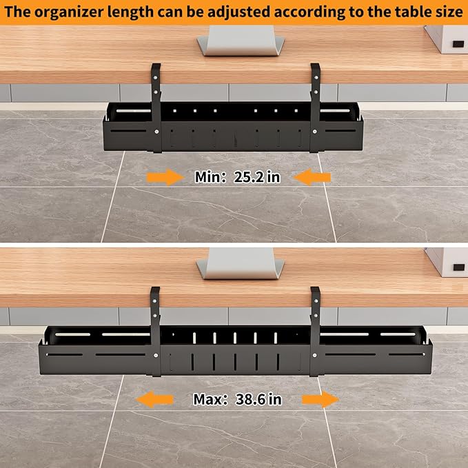 Under Desk Cable Management Tray, Expandable Length 25.2" - 38.6",No Drill No Damage to Desk,Cable Tray with Clamp for with Wire Management,for Cord Organizer for Home Office Standing Desk, Black | Cable Raceways - TrueDesk