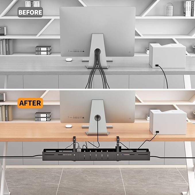 Under Desk Cable Management Tray, Expandable Length 25.2" - 38.6",No Drill No Damage to Desk,Cable Tray with Clamp for with Wire Management,for Cord Organizer for Home Office Standing Desk, Black | Cable Raceways - TrueDesk