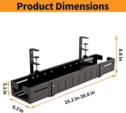 Under Desk Cable Management Tray, Expandable Length 25.2" - 38.6",No Drill No Damage to Desk,Cable Tray with Clamp for with Wire Management,for Cord Organizer for Home Office Standing Desk, Black | Cable Raceways - TrueDesk