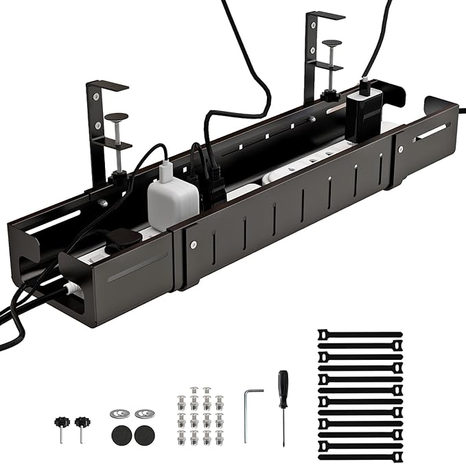 Under Desk Cable Management Tray, Expandable Length 25.2" - 38.6",No Drill No Damage to Desk,Cable Tray with Clamp for with Wire Management,for Cord Organizer for Home Office Standing Desk, Black | Cable Raceways - TrueDesk