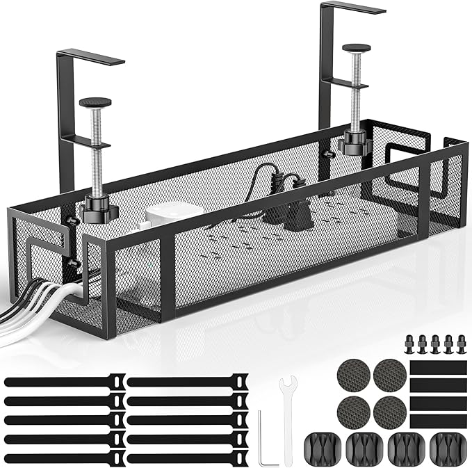 Under Desk Cable Management Tray, GZOKMOG 15.75" No Drill Cable Management Under Desk, Heavy Duty Metal Cord Organizer, Home Office Wire Management for Standing/Gaming Desk, 1 Pack Black | Racks Cabinets - TrueDesk