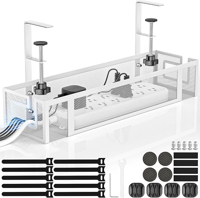 Under Desk Cable Management Tray, GZOKMOG 15.75" No Drill Cable Management Under Desk, Heavy Duty Metal Cord Organizer, Home Office Wire Management for Standing/Gaming Desk, 1 Pack White | Racks Cabinets - TrueDesk