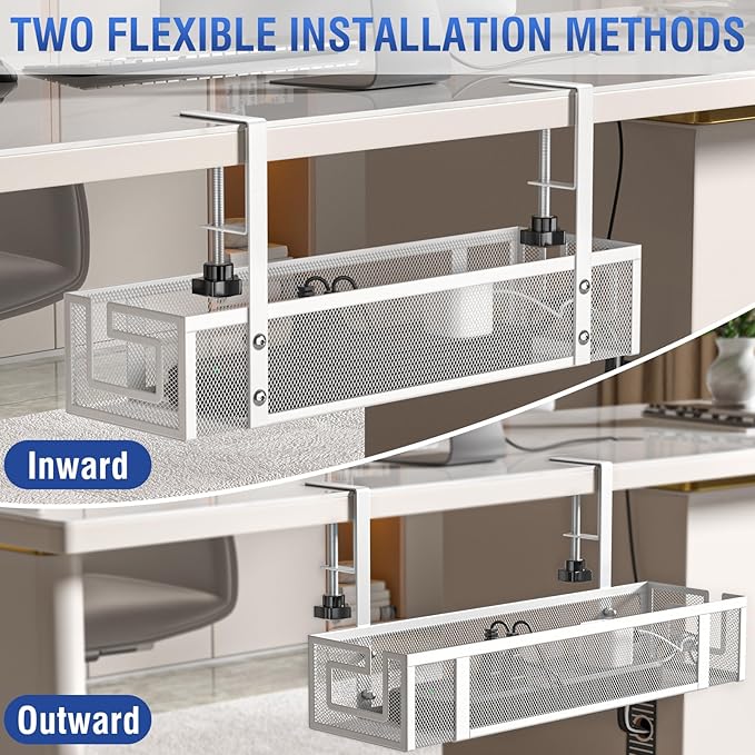 Under Desk Cable Management Tray, GZOKMOG No Drill Cable Management Under Desk, Heavy Duty Metal Cord Organizer, Home Office Wire Management for Gaming/Standing Desk, 2 Pack White, 15.75 inch | Racks Cabinets - TrueDesk