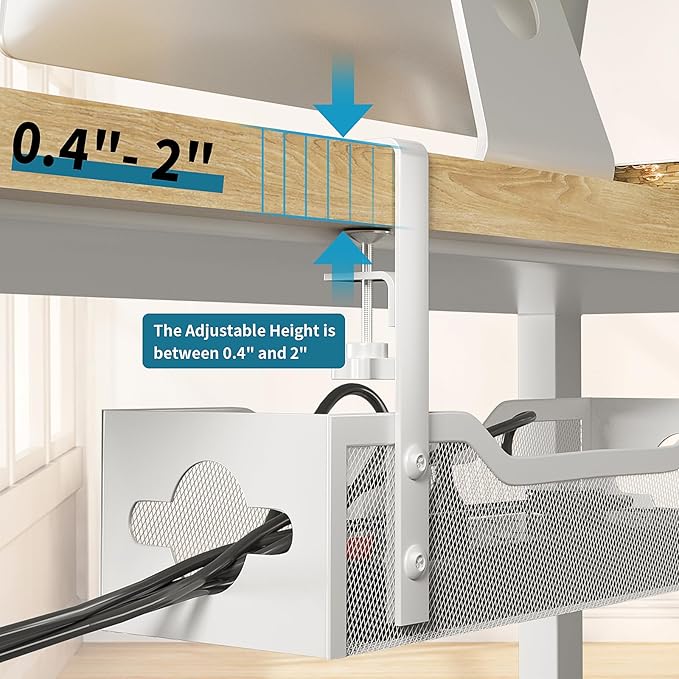 Under Desk Cable Management Tray No Drill, 13.38'' Metal Tray with Clamp for Wire Management, Litwaro Cord Organizer Home Office Damage to Standing Desk, White | Racks Cabinets - TrueDesk