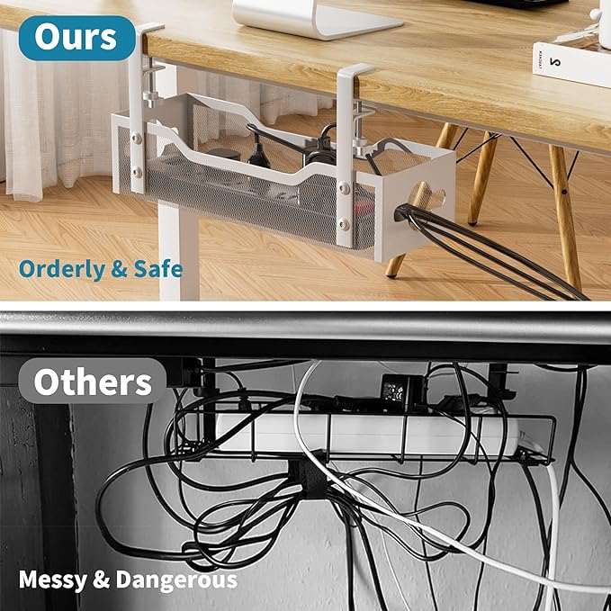Under Desk Cable Management Tray No Drill, 13.38'' Metal Tray with Clamp for Wire Management, Litwaro Cord Organizer Home Office Damage to Standing Desk, White | Racks Cabinets - TrueDesk