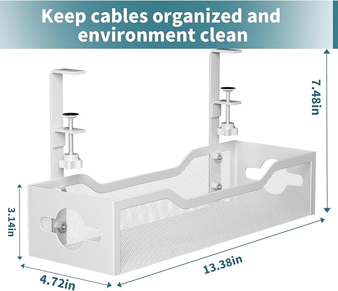 Under Desk Cable Management Tray No Drill, 13.38'' Metal Tray with Clamp for Wire Management, Litwaro Cord Organizer Home Office Damage to Standing Desk, White | Racks Cabinets - TrueDesk