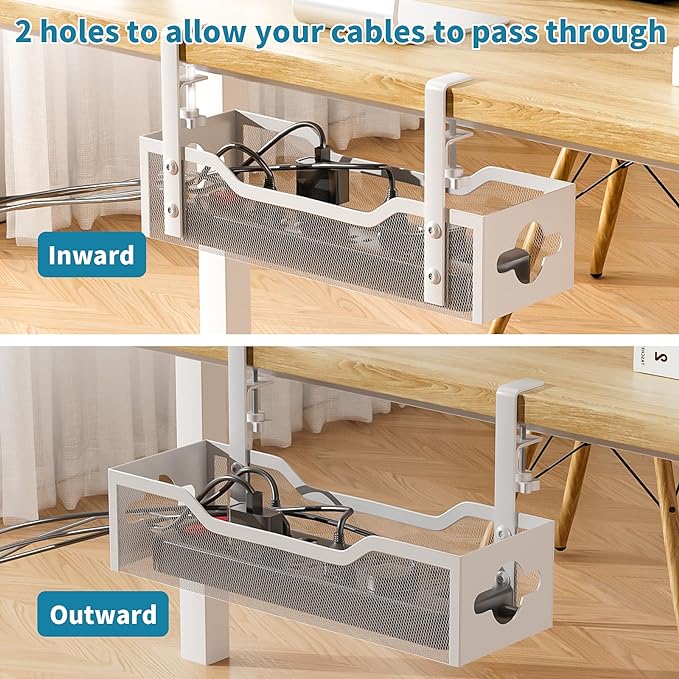 Under Desk Cable Management Tray No Drill, 13.38'' Metal Tray with Clamp for Wire Management, Litwaro Cord Organizer Home Office Damage to Standing Desk, White | Racks Cabinets - TrueDesk