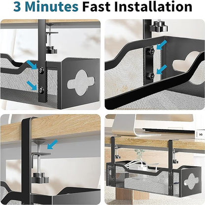 Under Desk Cable Management Tray No Drill, Metal Mesh Cable Management Under Desk with Clamp Mount, 2 Hole Cable Tray with Wire Management and Cord Organizer for Home Office Standing Desk | Cable Raceways - TrueDesk