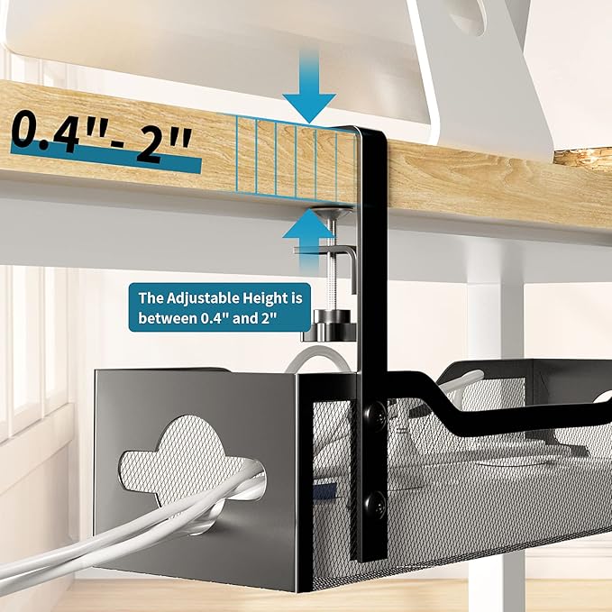 Under Desk Cable Management Tray No Drill, Metal Mesh Cable Management Under Desk with Clamp Mount, 2 Hole Cable Tray with Wire Management and Cord Organizer for Home Office Standing Desk | Cable Raceways - TrueDesk