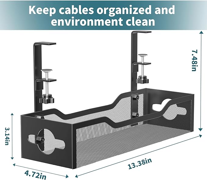 Under Desk Cable Management Tray No Drill, Metal Mesh Cable Management Under Desk with Clamp Mount, 2 Hole Cable Tray with Wire Management and Cord Organizer for Home Office Standing Desk | Cable Raceways - TrueDesk