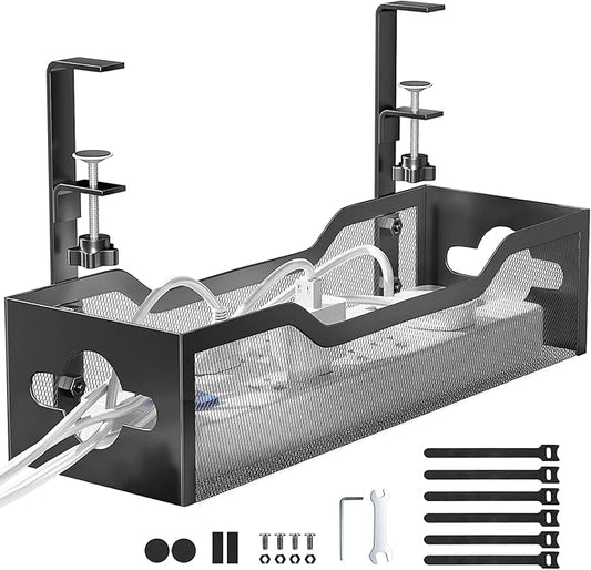 Under Desk Cable Management Tray No Drill, Metal Mesh Cable Management Under Desk with Clamp Mount, 2 Hole Cable Tray with Wire Management and Cord Organizer for Home Office Standing Desk | Cable Raceways - TrueDesk