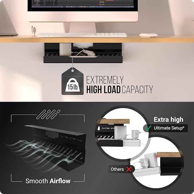 Under Desk Cable Management Tray no Drill – Wire Management - Cord Organizer – Huge Load Capacity – Under Desk Cable Tray no Drill (Black, 1 Piece Set) | Cable Raceways - TrueDesk