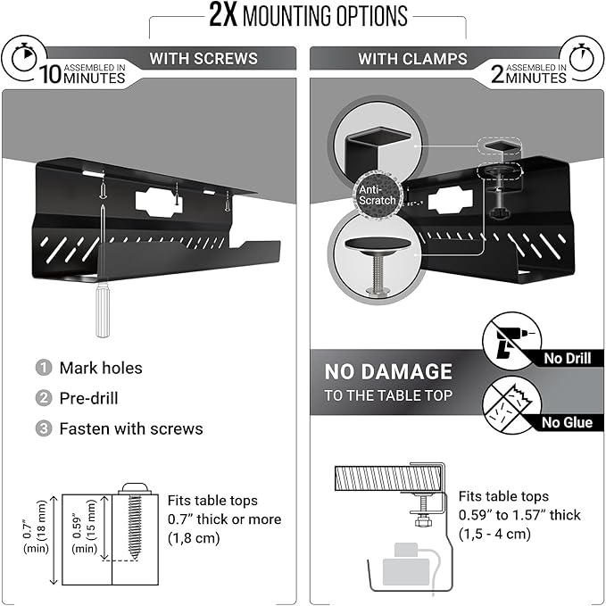 Under Desk Cable Management Tray no Drill – Wire Management - Cord Organizer – Huge Load Capacity – Under Desk Cable Tray no Drill (Black, 1 Piece Set) | Cable Raceways - TrueDesk