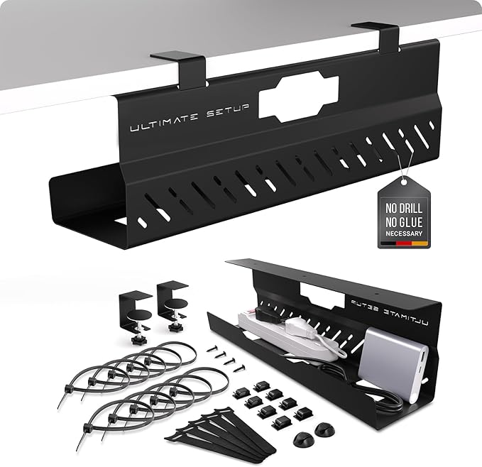 Under Desk Cable Management Tray no Drill – Wire Management - Cord Organizer – Huge Load Capacity – Under Desk Cable Tray no Drill (Black, 1 Piece Set) | Cable Raceways - TrueDesk