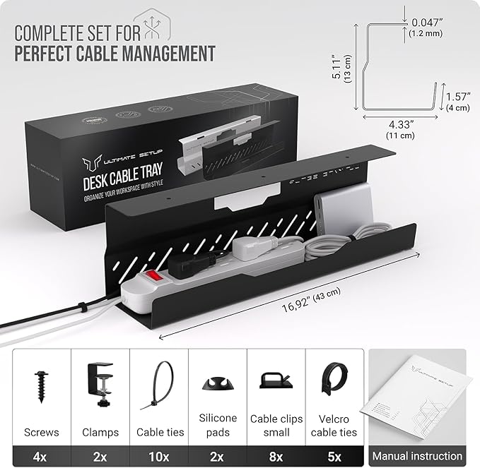 Under Desk Cable Management Tray no Drill – Wire Management - Cord Organizer – Huge Load Capacity – Under Desk Cable Tray no Drill (Black, 1 Piece Set) | Cable Raceways - TrueDesk