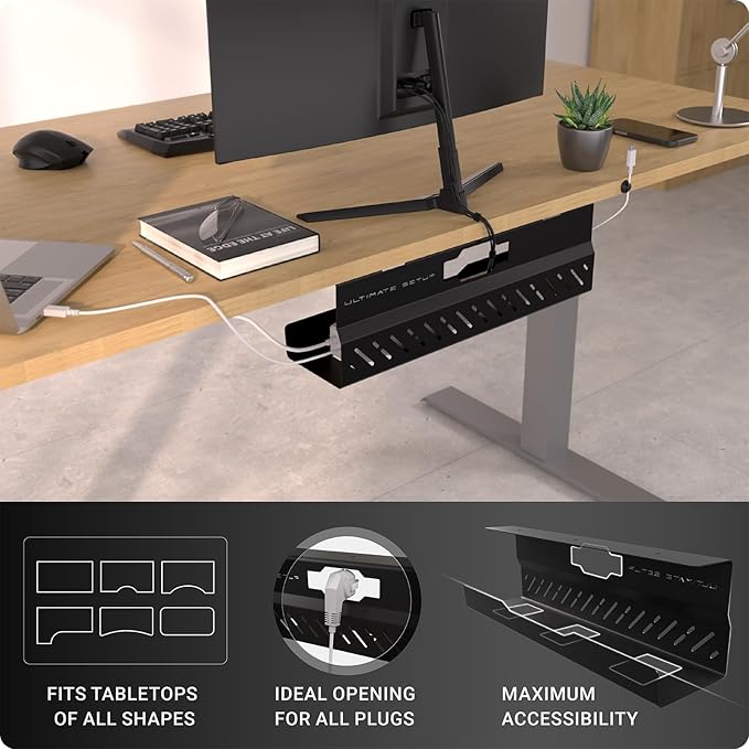 Under Desk Cable Management Tray no Drill – Wire Management - Cord Organizer – Huge Load Capacity – Under Desk Cable Tray no Drill (Black, 1 Piece Set) | Cable Raceways - TrueDesk