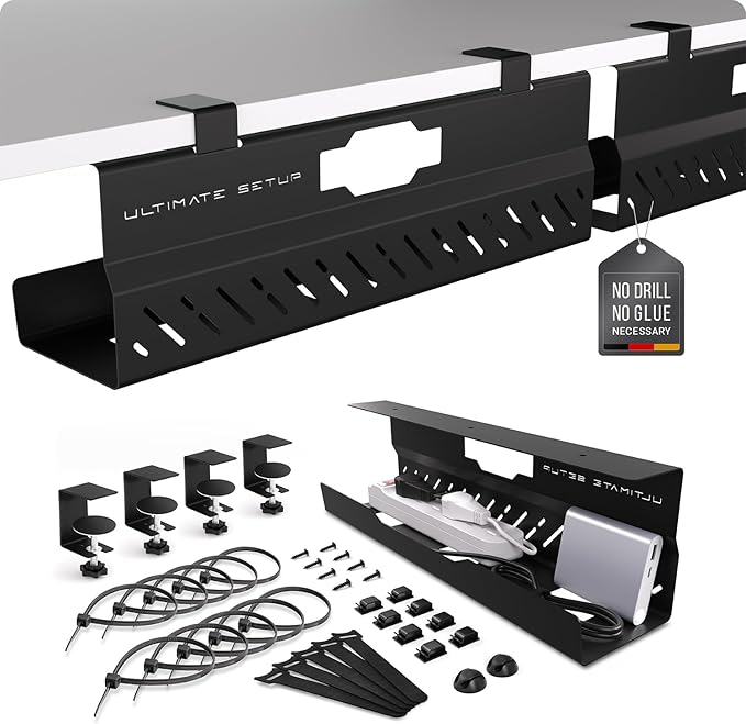 Under Desk Cable Management Tray no Drill – Wire Management - Cord Organizer – Huge Load Capacity – Under Desk Cable Tray no Drill (Black, 2 Pieces Set) | Cable Raceways - TrueDesk