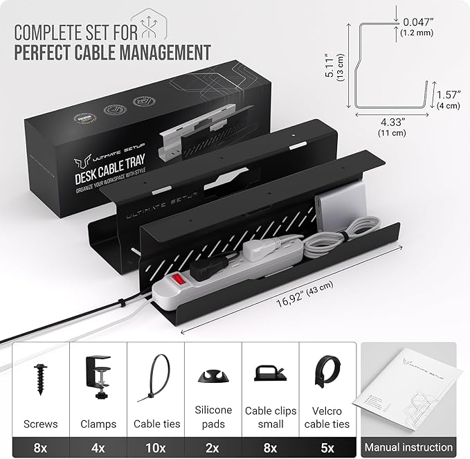 Under Desk Cable Management Tray no Drill – Wire Management - Cord Organizer – Huge Load Capacity – Under Desk Cable Tray no Drill (Black, 2 Pieces Set) | Cable Raceways - TrueDesk