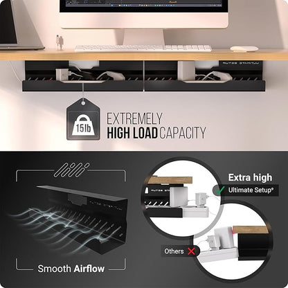 Under Desk Cable Management Tray no Drill – Wire Management - Cord Organizer – Huge Load Capacity – Under Desk Cable Tray no Drill (Black, 2 Pieces Set) | Cable Raceways - TrueDesk