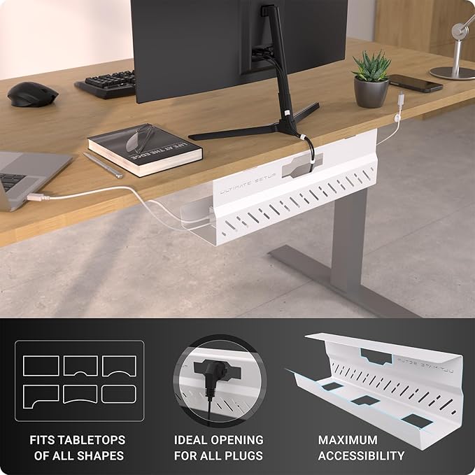 Under Desk Cable Management Tray no Drill – Wire Management - Cord Organizer – Huge Load Capacity – Under Desk Cable Tray no Drill (White, 1 Piece Set) | Cable Raceways - TrueDesk