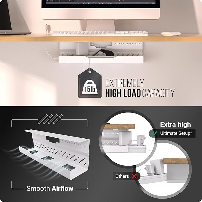 Under Desk Cable Management Tray no Drill – Wire Management - Cord Organizer – Huge Load Capacity – Under Desk Cable Tray no Drill (White, 1 Piece Set) | Cable Raceways - TrueDesk