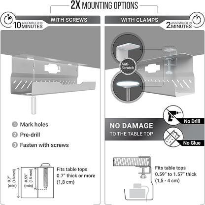 Under Desk Cable Management Tray no Drill – Wire Management - Cord Organizer – Huge Load Capacity – Under Desk Cable Tray no Drill (White, 1 Piece Set) | Cable Raceways - TrueDesk
