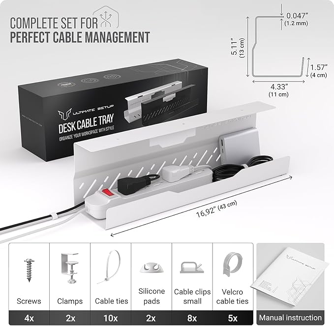 Under Desk Cable Management Tray no Drill – Wire Management - Cord Organizer – Huge Load Capacity – Under Desk Cable Tray no Drill (White, 1 Piece Set) | Cable Raceways - TrueDesk