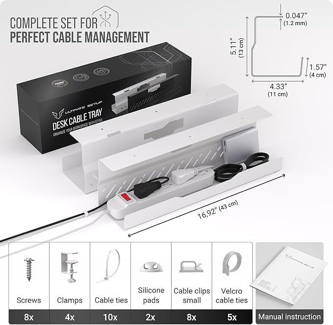 Under Desk Cable Management Tray no Drill – Wire Management - Cord Organizer – Huge Load Capacity – Under Desk Cable Tray no Drill (White, 2 Pieces Set) | Cable Raceways - TrueDesk
