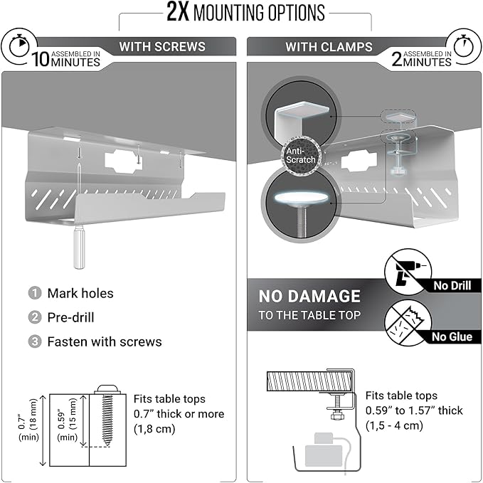 Under Desk Cable Management Tray no Drill – Wire Management - Cord Organizer – Huge Load Capacity – Under Desk Cable Tray no Drill (White, 2 Pieces Set) | Cable Raceways - TrueDesk