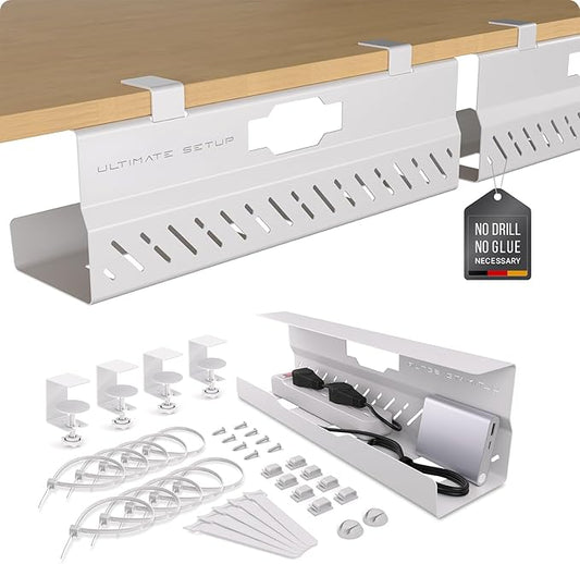 Under Desk Cable Management Tray no Drill – Wire Management - Cord Organizer – Huge Load Capacity – Under Desk Cable Tray no Drill (White, 2 Pieces Set) | Cable Raceways - TrueDesk