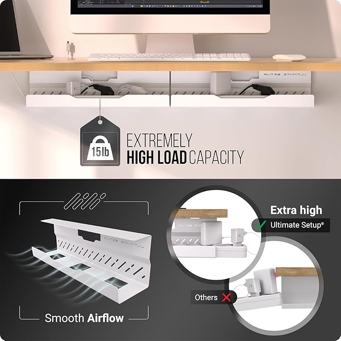 Under Desk Cable Management Tray no Drill – Wire Management - Cord Organizer – Huge Load Capacity – Under Desk Cable Tray no Drill (White, 2 Pieces Set) | Cable Raceways - TrueDesk