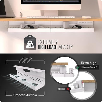 Under Desk Cable Management Tray no Drill – Wire Management - Cord Organizer – Huge Load Capacity – Under Desk Cable Tray no Drill (White, 2 Pieces Set) | Cable Raceways - TrueDesk
