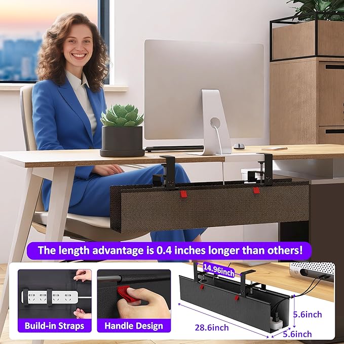 Under Desk Cable Management Tray - Under Desk Cord Management - Clamp/Screw Mount - Fabric Wire Management - Cable Raceways Tray Cord Hiders for Office/Home (Black, 28.6"×5.6") | Cable Raceways - TrueDesk