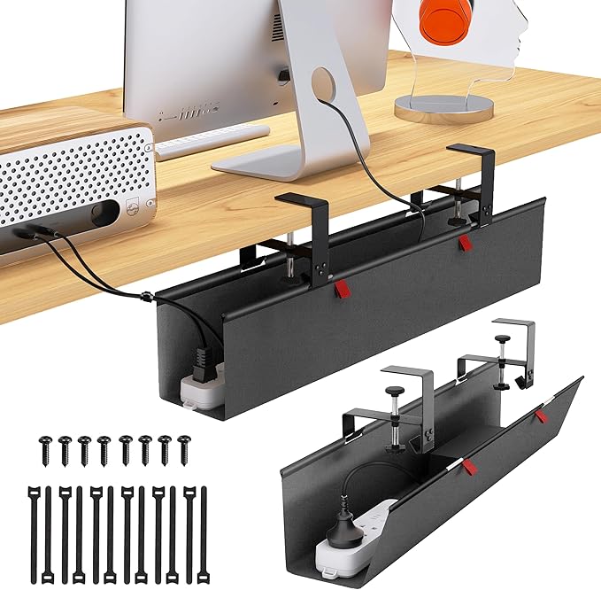 Under Desk Cable Management Tray - Under Desk Cord Management - Clamp/Screw Mount - Fabric Wire Management - Cable Raceways Tray Cord Hiders for Office/Home (Black, 28.6"×5.6") | Cable Raceways - TrueDesk