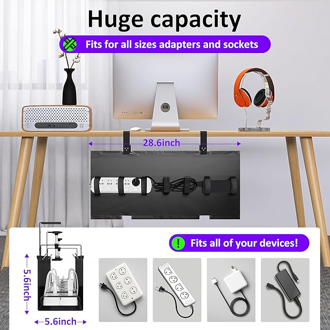 Under Desk Cable Management Tray - Under Desk Cord Management - Clamp/Screw Mount - Fabric Wire Management - Cable Raceways Tray Cord Hiders for Office/Home (Black, 28.6"×5.6") | Cable Raceways - TrueDesk