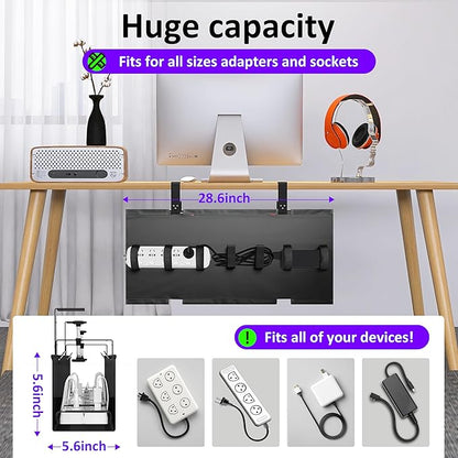 Under Desk Cable Management Tray - Under Desk Cord Management - Clamp/Screw Mount - Fabric Wire Management - Cable Raceways Tray Cord Hiders for Office/Home (Black, 28.6"×5.6") | Cable Raceways - TrueDesk