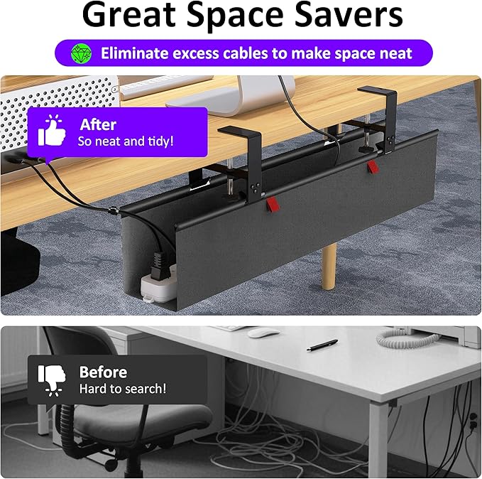 Under Desk Cable Management Tray - Under Desk Cord Management - Clamp/Screw Mount - Fabric Wire Management - Cable Raceways Tray Cord Hiders for Office/Home (Black, 28.6"×5.6") | Cable Raceways - TrueDesk