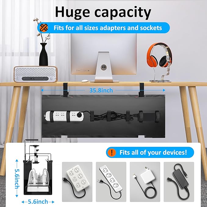 Under Desk Cable Management Tray - Under Desk Cord Management - Clamp/Screw Mount - Fabric Wire Management - Cable Raceways Tray Cord Hiders for Office/Home (Black, 35.8"×5.6") | Cable Raceways - TrueDesk