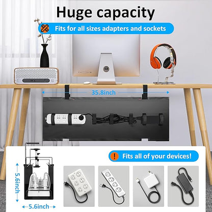 Under Desk Cable Management Tray - Under Desk Cord Management - Clamp/Screw Mount - Fabric Wire Management - Cable Raceways Tray Cord Hiders for Office/Home (Black, 35.8"×5.6") | Cable Raceways - TrueDesk