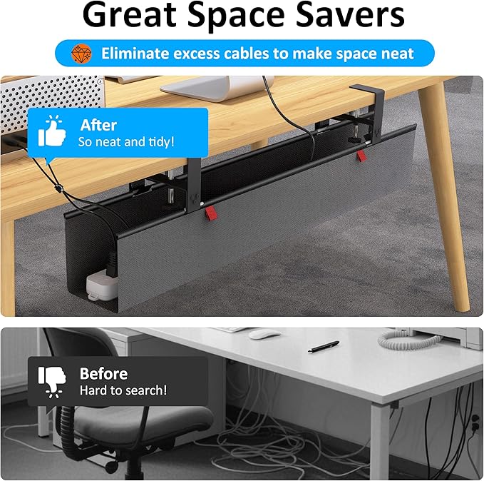 Under Desk Cable Management Tray - Under Desk Cord Management - Clamp/Screw Mount - Fabric Wire Management - Cable Raceways Tray Cord Hiders for Office/Home (Black, 35.8"×5.6") | Cable Raceways - TrueDesk